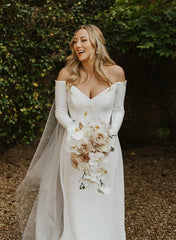 Off The Shoulder A Line Elastic Satin Wedding Dress with Long Sleeves