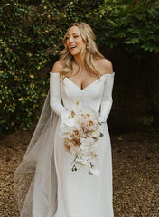 Off The Shoulder A Line Elastic Satin Wedding Dress with Long Sleeves