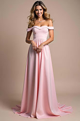 Off The Shoulder A Line Pink Wedding Guest Dress Ruched Long Formal Dress