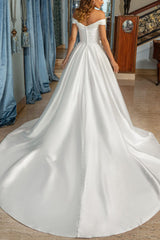 Off The Shoulder A Line Pleated Wedding Dress With Split Front