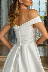 Off The Shoulder A Line Pleated Wedding Dress With Split Front