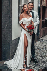 Off The Shoulder A Line Satin Wedding Dress With Split Front
