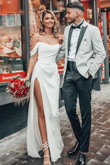 Off The Shoulder A Line Satin Wedding Dress With Split Front