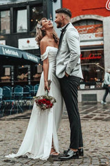 Off The Shoulder A Line Satin Wedding Dress With Split Front