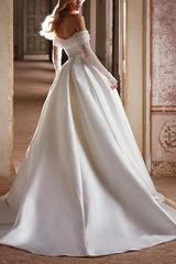 Off The Shoulder A Line Wedding Dress With Long Sleeves and Pockets Featuring Sequins