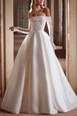 Off The Shoulder A Line Wedding Dress With Long Sleeves and Pockets Featuring Sequins