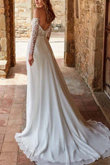 Off The Shoulder A Line Wedding Dress with Lace Long Sleeves