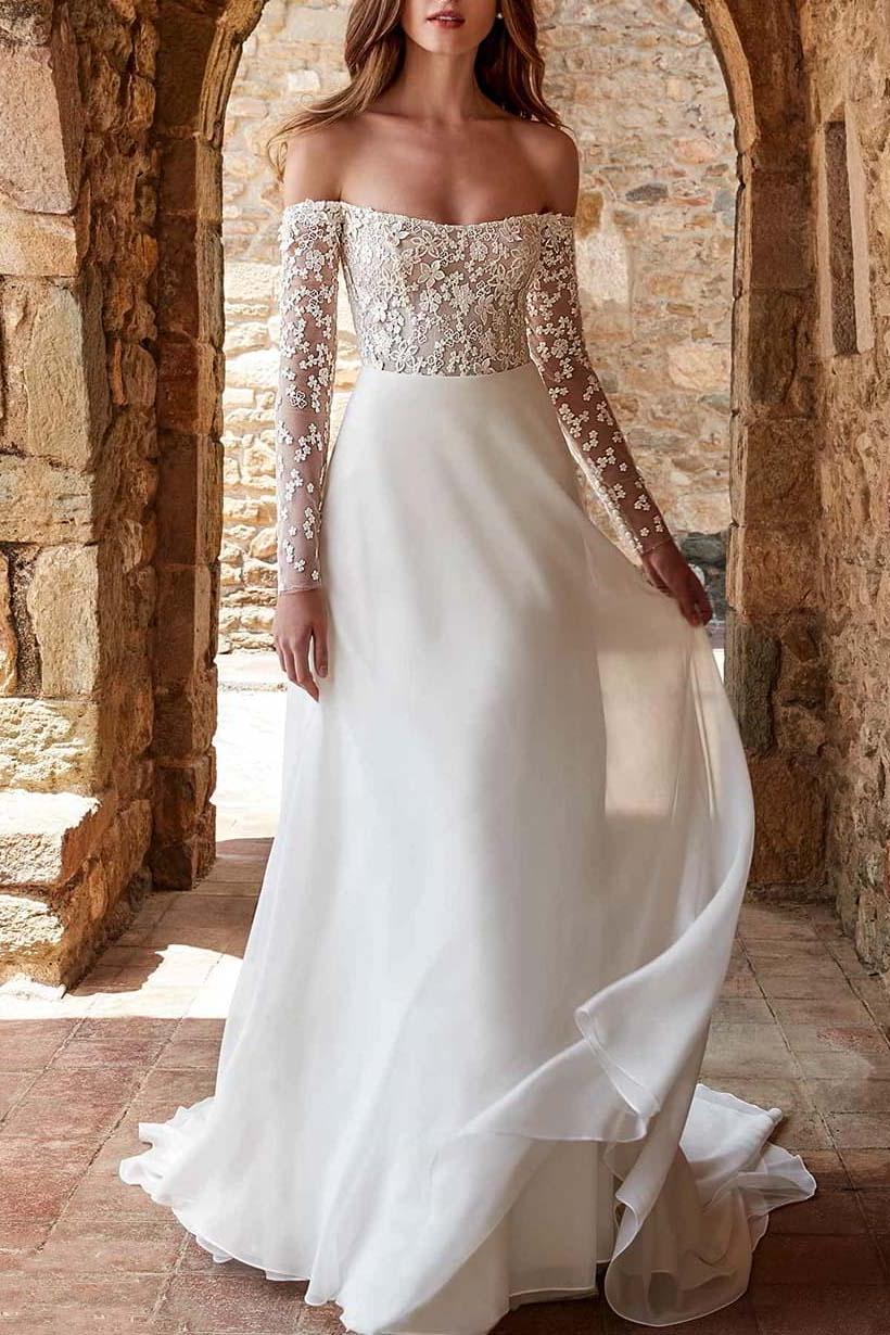 Off The Shoulder A Line Wedding Dress with Lace Long Sleeves