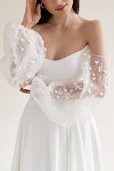 Off The Shoulder A Line Wedding Dress with Long Sleeves and Split Front