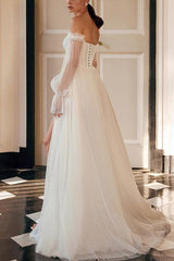 Off The Shoulder A Line Wedding Dress with Long Sleeves and Split Front