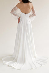 Off The Shoulder A Line Wedding Dress with Long Sleeves and Split Front