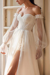 Off The Shoulder A Line Wedding Dress with Long Sleeves and Split Front
