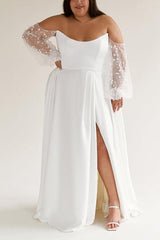 Off The Shoulder A Line Wedding Dress with Long Sleeves and Split Front