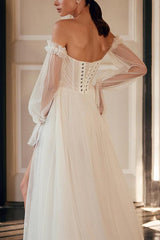 Off The Shoulder A Line Wedding Dress with Long Sleeves and Split Front