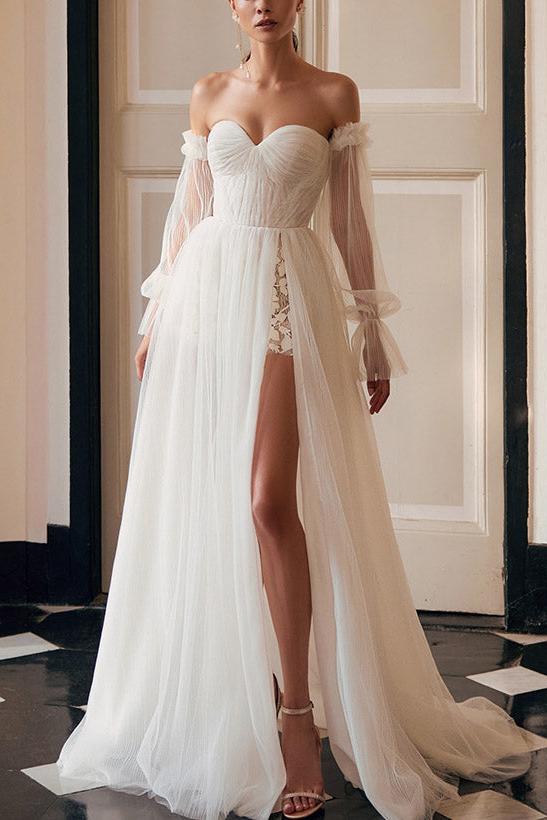 Off The Shoulder A Line Wedding Dress with Long Sleeves and Split Front