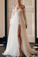 Off The Shoulder A Line Wedding Dress with Long Sleeves and Split Front