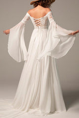 Off The Shoulder A Line Wedding Dress with Long Sleeves in Chiffon/Lace