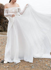 Off The Shoulder A Line Wedding Dress with Long Sleeves in Chiffon/Lace