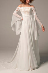 Off The Shoulder A Line Wedding Dress with Long Sleeves in Chiffon/Lace