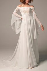 Off The Shoulder A Line Wedding Dress with Long Sleeves in Chiffon/Lace