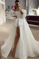 Off The Shoulder A Line Wedding Dress with Split Front and 1/2 Sleeves