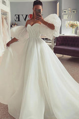 Off The Shoulder A Line Wedding Dress with Split Front and 1/2 Sleeves