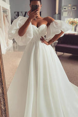 Off The Shoulder A Line Wedding Dress with Split Front and 1/2 Sleeves
