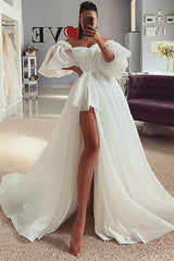 Off The Shoulder A Line Wedding Dress with Split Front and 1/2 Sleeves