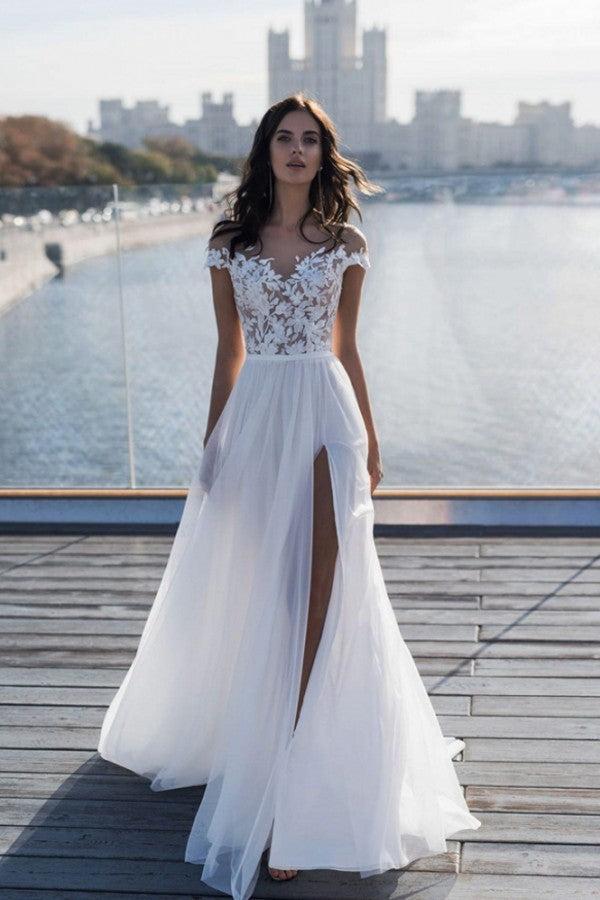 Off The Shoulder Appliques A Line Wedding Dress Side Split Tulle Bridal Dress