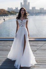 Off The Shoulder Appliques A Line Wedding Dress Side Split Tulle Bridal Dress