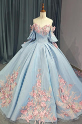 Off The Shoulder Ball Gown Quinceanera Dress With 3D Flowers & Beadings