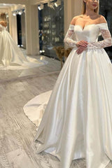 Off The Shoulder Ball Gown Satin Wedding Dress with Long Sleeves