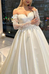 Off The Shoulder Ball Gown Satin Wedding Dress with Long Sleeves