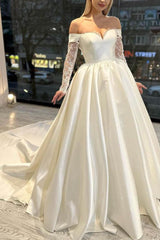 Off The Shoulder Ball Gown Satin Wedding Dress with Long Sleeves