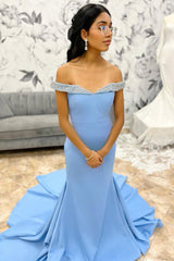 Off The Shoulder Blue Prom Dress Mermaid Long Formal Dress