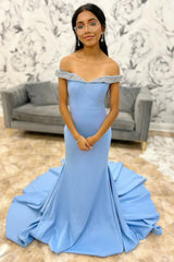 Off The Shoulder Blue Prom Dress Mermaid Long Formal Dress