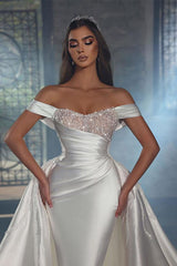 Off The Shoulder Chapel Train Satin Wedding Dress With Panel Train