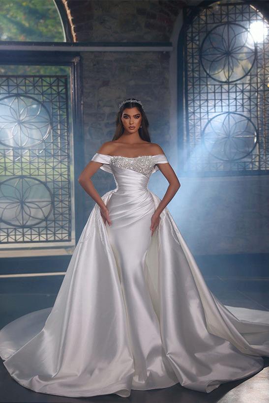 Off The Shoulder Chapel Train Satin Wedding Dress With Panel Train