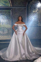 Off The Shoulder Chapel Train Satin Wedding Dress With Panel Train