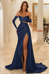 Off The Shoulder Charmeuse Bridesmaid Dress With High Split