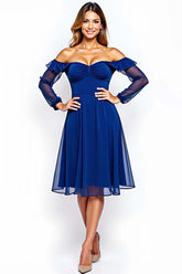 Off The Shoulder Chiffon Royal Blue Wedding Guest Dress Knee-Length Formal Dress