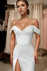 Off The Shoulder Court Train Satin Wedding Dress With Panel Train