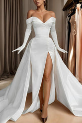 Off The Shoulder Court Train Satin Wedding Dress With Panel Train