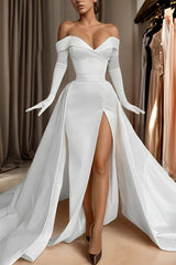 Off The Shoulder Court Train Satin Wedding Dress With Panel Train