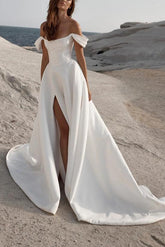 Off The Shoulder Court Train Wedding Dress With Split Front