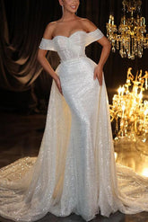 Off The Shoulder Detachable Sequined Trumpet/Mermaid Wedding Dress