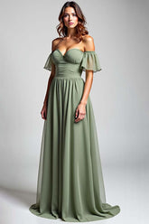 Off The Shoulder Dusty Sage Wedding Guest Dress Long Chiffon Formal Dress