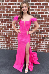 Off The Shoulder Hot Pink Prom Dress Mermaid Long Evening Dress with Feathers