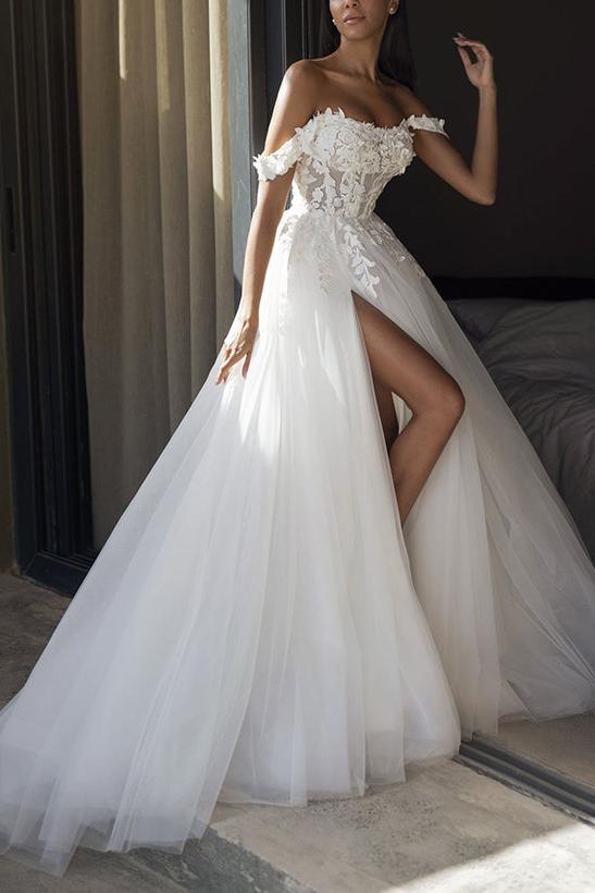 Off The Shoulder Lace/Tulle Wedding Dress With Split Front