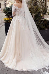 Off The Shoulder Long Sleeves Ball Gown Wedding Dress With Boho Lace/Tulle
